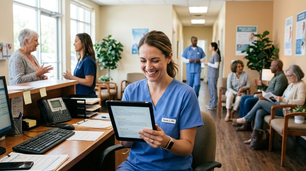 Healthcare provider reviewing positive patient feedback online