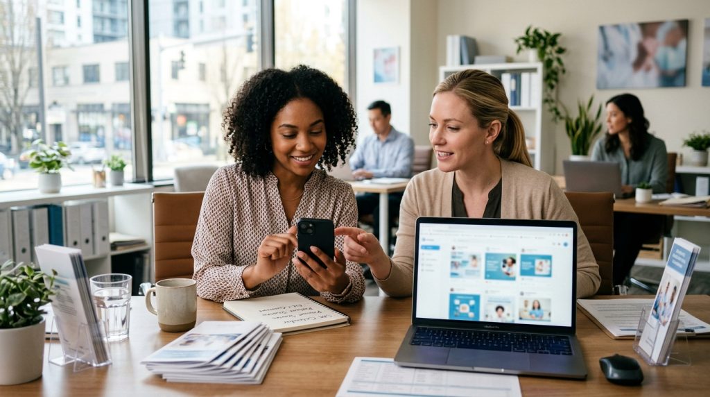 Healthcare team managing social media content for patient engagement